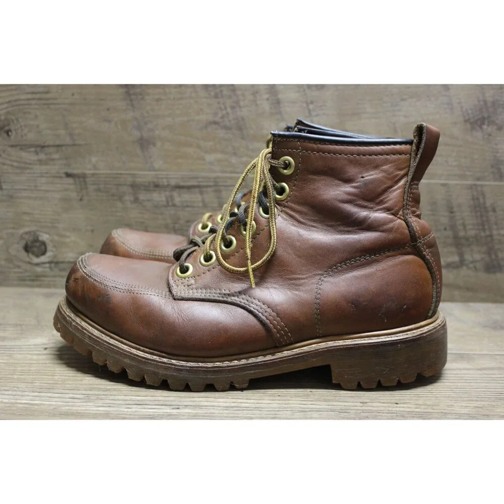 Safety and Supply co vintage men's brown leather‎ moc toe 7 eye work boots 6-6.5